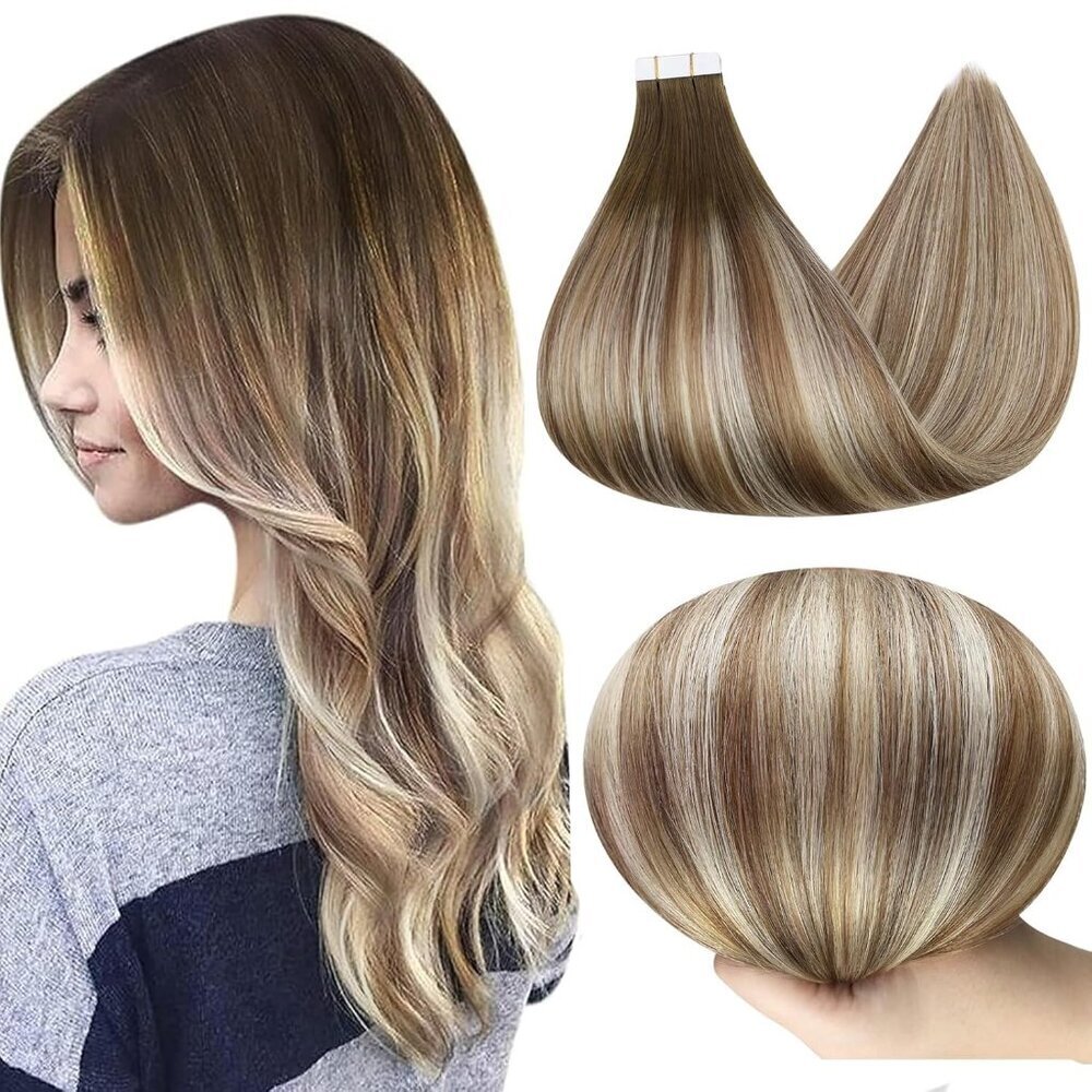 Human Hair Tape Extensions 12Inch Darker to Ash Blonde Natural Look